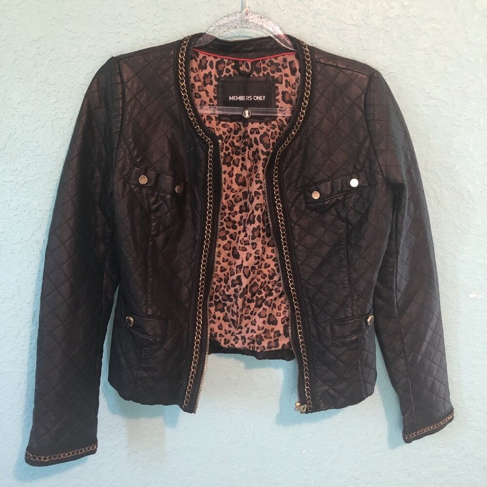 Members Only Womens Zip Front Moto Jacket Small Black Gold Tone Chain Link FLAWS - Picture 3 of 13
